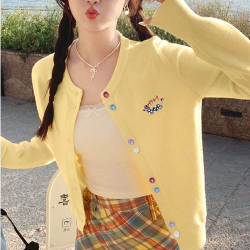 Cardigan tricoté jaunes, nouveau Top à fermeture par boutons de couleur automne/hiver avec broderie de chien - SHEIN - Modalova