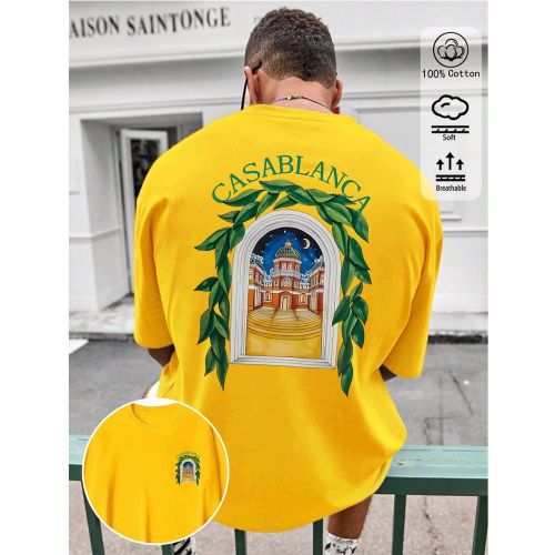 T-shirt en coton côtelé, imprimé motif château de nuit de lune, vêtements de sports de style universitaire printemps et été, hauts à manches c - SHEIN - Modalova