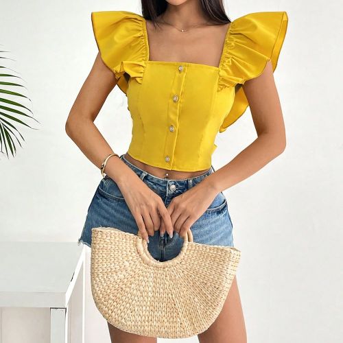Chemise courte décontractée de vacancess à double couche volantée avec nœud au dos - SHEIN - Modalova