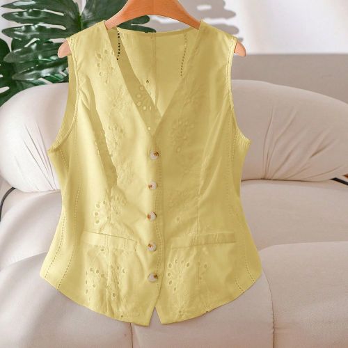 Veste sans manches boutonnée à simple boutonnage avec broderies grandes tailles - SHEIN - Modalova