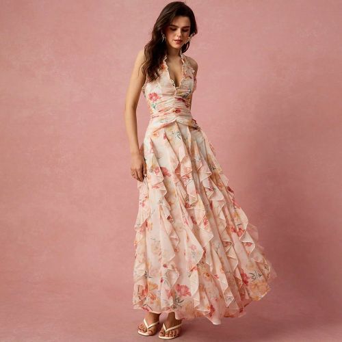 Robe maxi élégante et romantiques avec imprimé floral volants, col ras-du-cou, dos nu et ourlet fishtail - SHEIN - Modalova