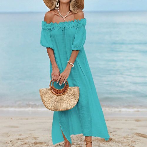Robe mi-longue d'été avec épaules volantées, robe de plage sexy, robe ample à manches lanternes fendue pour invitée de mariage - SHEIN - Modalova