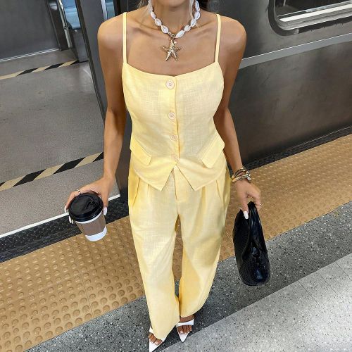 Ensembles de tenues d'été - Ensemble deux pièces décontracté professionnel jaune beurre 2025 nouveau - Top à l'avant ouvert sans manches et ense - SHEIN - Modalova