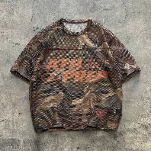 T-shirt à col rond à manches courtess, style décontracté d'été, tricot ample avec imprimé lettre et camouflage, style streetwear - SHEIN - Modalova