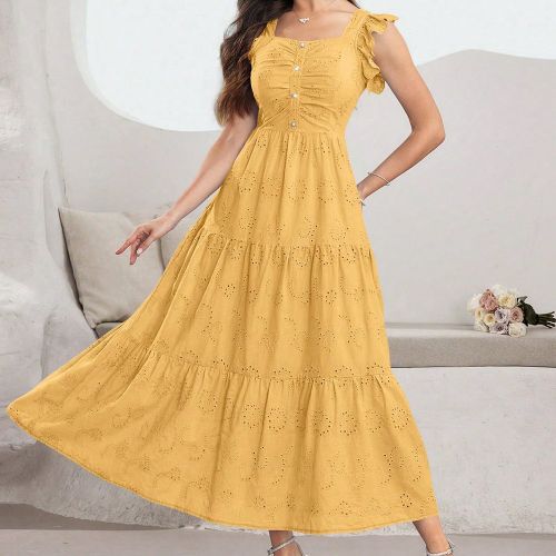 Robe à encolure carrée sans manches avec bordure à volants, boutons de perle et décoration de broderie bleue - SHEIN - Modalova