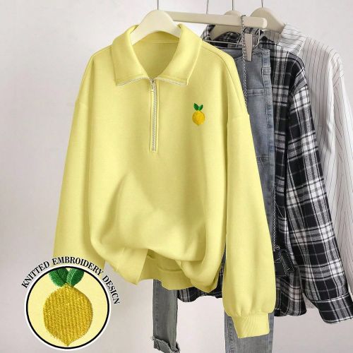 Sweatshirt col demi ouvert, citron jaune brodé - SHEIN - Modalova