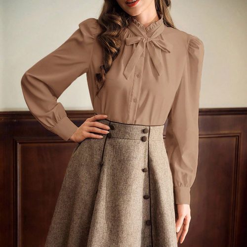 Blouse élégante vintages avec col volant, manchette avec nœud papillon et détails froncés, chemise décontractée à manches longues pour le trav - SHEIN - Modalova