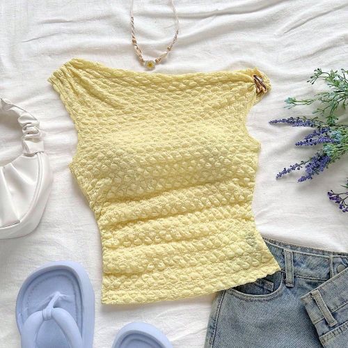Blouse de ajustée avec col asymétrique, garniture métallique et froncée. Convient pour la fête, les vacances, les festivals de musique, le style - SHEIN - Modalova