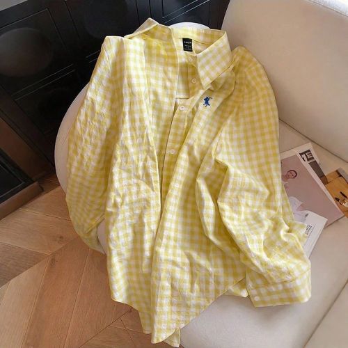 Chemise ample à carreaux à manches longues et à boutons avec broderie de chevaliers - SHEIN - Modalova