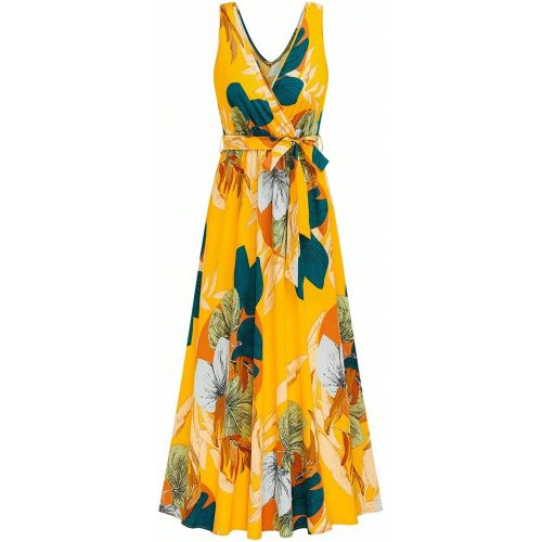 Robe décontractée grande taille, imprimé plante, avec lien à la taille, sans manches, pour les vacances - SHEIN - Modalova