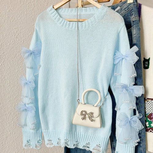 Pull tricoté avec nœud en dentelle perlés grandes tailles, pull ample et décontracté, mode et polyvalent - SHEIN - Modalova