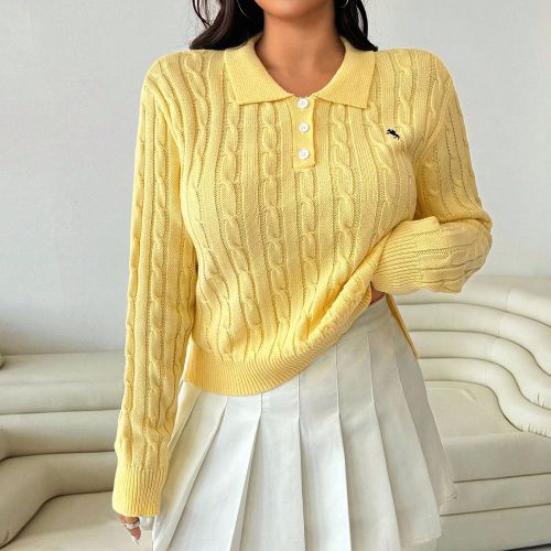S grande taille Polo Casual Quotidien Collège Motif Brodé Col Polo Tricot Câble Pull, Pull Câble Jaune Automne s Pull Polo Jaune - SHEIN - Modalova