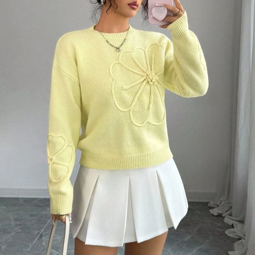 Pull à col rond élégant, motif floral brodé, couleur unie - SHEIN - Modalova