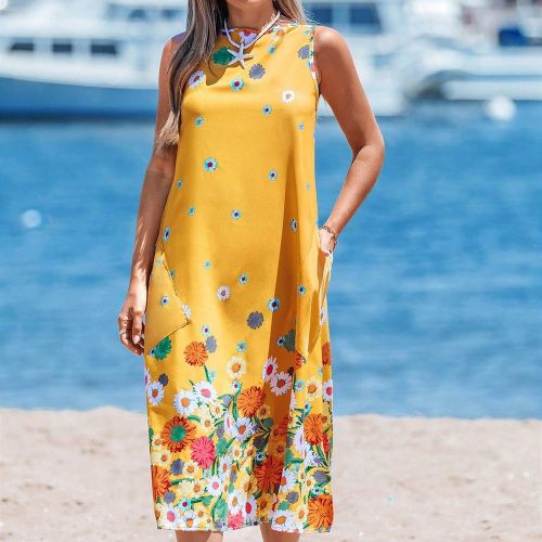 Robe longue sans manches d'été, robe de vacances bohème à imprimé fleurs jaunes - SHEIN - Modalova