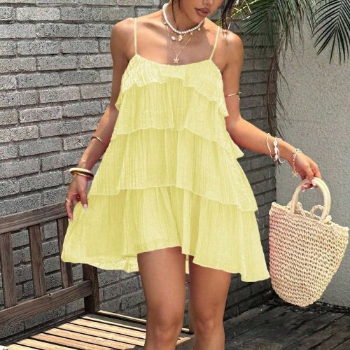 Robe mini d'été décontractées, de couleur unie, avec volants multicouches et bretelles plissées - SHEIN - Modalova