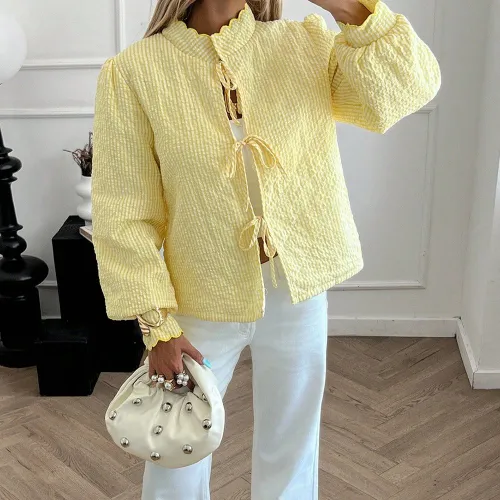 Manteau court matelassé à nœud devant élégant et chic à carreaux jauness, vêtements d'automnes, tenues d'automnes, vêtements d'hivers, nouvell - SHEIN - Modalova