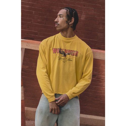 T-shirt oversize délavé à manches longues et imprimé aigle - S - Boohooman - Modalova
