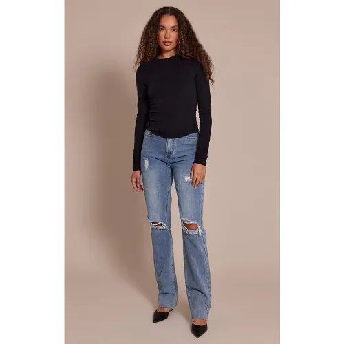 Jean Droit Taille Haute Déchiré Extra Long Délavage Clairs Grandes Tailles | Taille 42 - PrettyLittleThing - Modalova