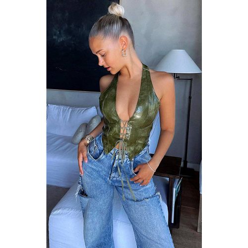 Olive Top Col Licou Plongeant À Laçage En Synthétique Effet Lavé | Taille 32 - PrettyLittleThing - Modalova