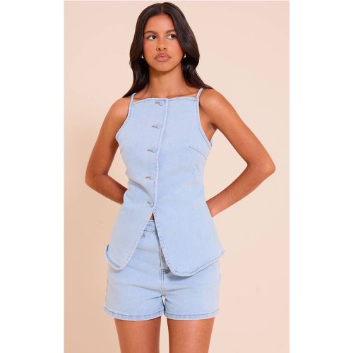 Light Blue Top En Denim Petite Col Carré Ajusté | Taille 42 - PrettyLittleThing - Modalova