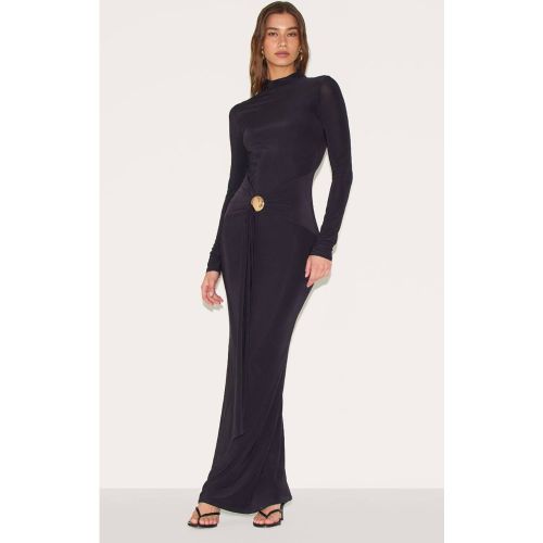 Black Robe Maxi En Tissu Fluide Avec Ceinture Détaillée | Taille 42 - PrettyLittleThing - Modalova