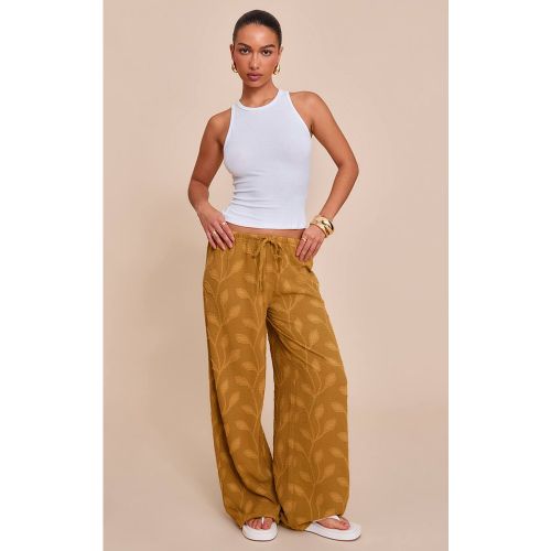 Mustard Pantalon Droit À Taille Cordon En Tissu Texturé | Taille 32 - PrettyLittleThing - Modalova