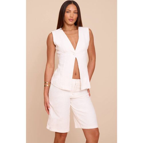 White Gilet Long Boutonné Aspect Lin Premium | Taille 42 - PrettyLittleThing - Modalova
