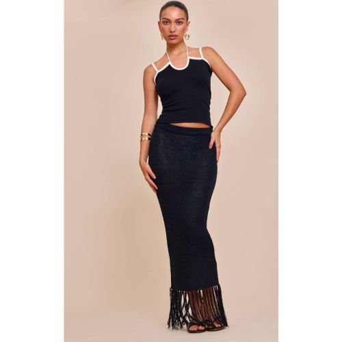 Black Jupe Longue En Maille À Franges Maxi | Taille XL - PrettyLittleThing - Modalova