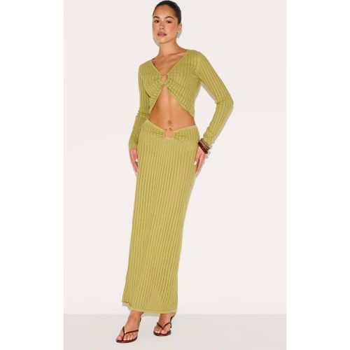 Olive Jupe Longue Fendue En Maille Pointelle Avec Bordure | Taille XS - PrettyLittleThing - Modalova