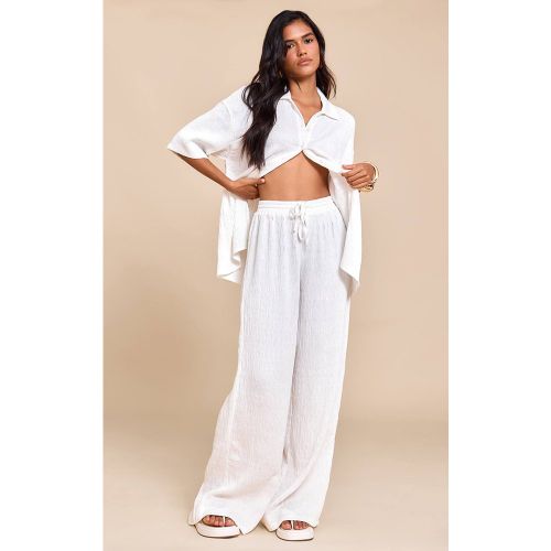 White Pantalon Large À Cordon En Tissu Texturé Tissé | Taille 32 - PrettyLittleThing - Modalova