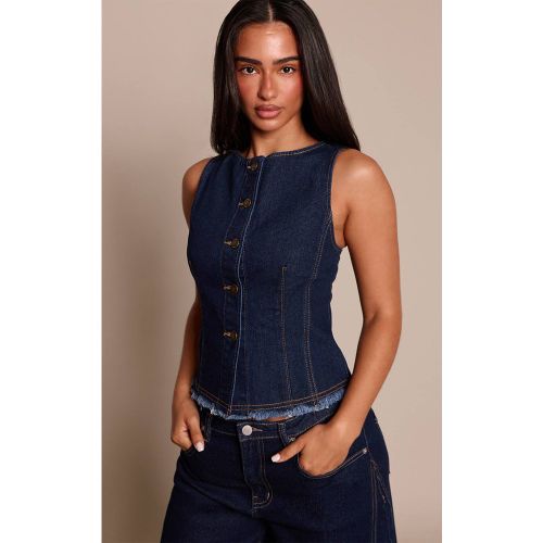 Indigo Gilet Long Ajusté Sans Manches En Denim Petite | Taille 32 - PrettyLittleThing - Modalova