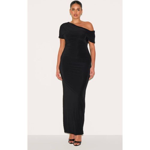 Black Robe Maxi Asymétrique À Manches Froncées En Tissu Slinky Double Couche Grande Taille | Taille 46 - PrettyLittleThing - Modalova