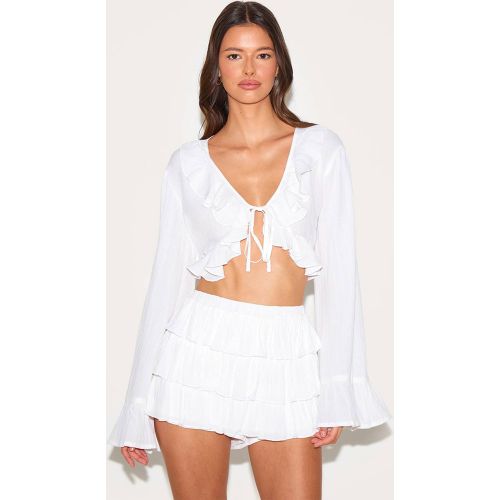 White Top À Manches Longues En Gaze De Coton Avec Volants Et Lien Noué Devant | Taille 42 - PrettyLittleThing - Modalova