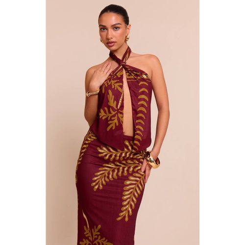 Rust Haut Cache-cœur À Col Licou En Mousseline Imprimé Palmier | Taille 42 - PrettyLittleThing - Modalova