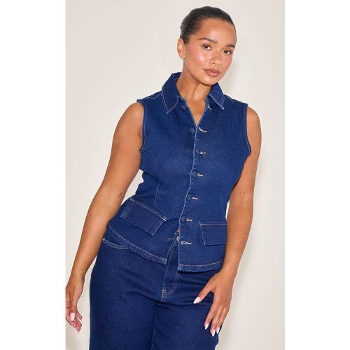 Indigo Top Long En Denim Stretch Shape Avec Boutonnière | Taille 36 - PrettyLittleThing - Modalova