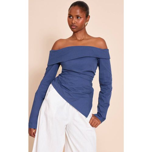 Navy Haut Bardot En Coton Froncé À Ourlet Asymétrique | Taille 34 - PrettyLittleThing - Modalova