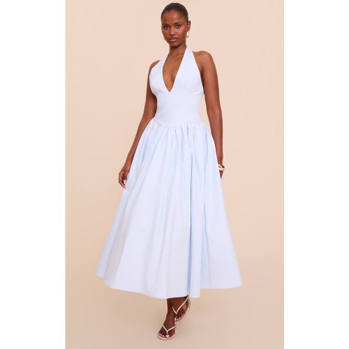 Light Blue Robe Midaxi À Pois Froncée Avec Col Licou Et Détail Noué | Taille 32 - PrettyLittleThing - Modalova
