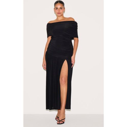 Black Robe Longue Grande Taille À Double Couche Slinky Bardot Froncée | Taille 44 - PrettyLittleThing - Modalova