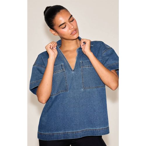 Dark Blue Chemise Rugby En Denim À Manches Courtes Coupe Ample Avec Poches Détaillées | Taille 32 - PrettyLittleThing - Modalova