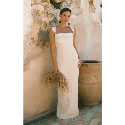 Cream Robe Longue Texturée À Bretelles Nouées | Taille 32 - PrettyLittleThing - Modalova