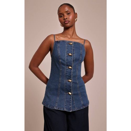 Dark Blue Top Caraco En Denim À Détails De Coutures Et Boutons Dorés | Taille 42 - PrettyLittleThing - Modalova