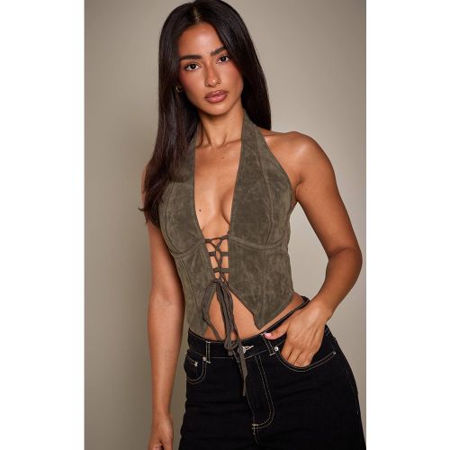 Khaki Top Col Licou Plongeant À Lacets En Synthétique | Taille 32 - PrettyLittleThing - Modalova