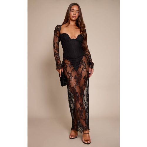 Black Robe Mi-longue À Manches Longues Avec Corset En Dentelle Plt Label | Taille 42 - PrettyLittleThing - Modalova