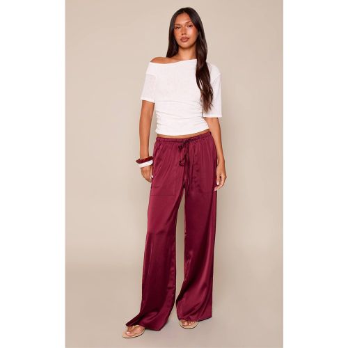 Burgundy Pantalon Large Taille Basse En Satin Avec Cordon De Serrage | Taille 40 - PrettyLittleThing - Modalova