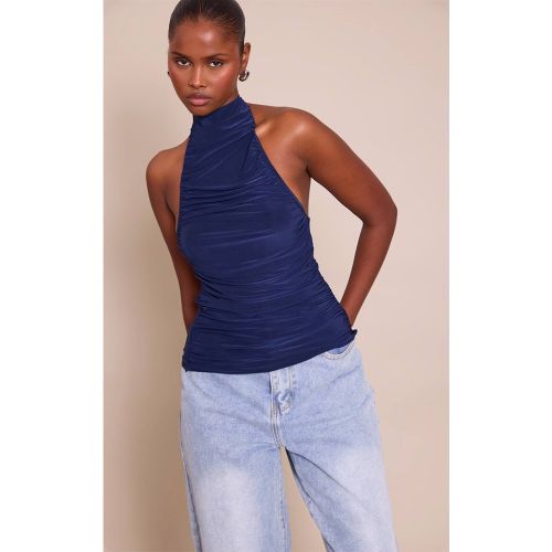 Navy Haut Long Drapé À Col Montant En Jersey Double Épaisseur | Taille 32 - PrettyLittleThing - Modalova
