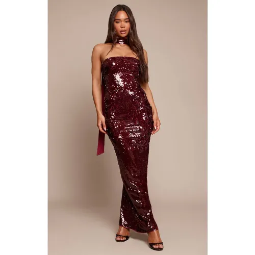 Burgundy Robe Longue Bandeau À Détail Foulard À Paillettes | Taille 42 - PrettyLittleThing - Modalova
