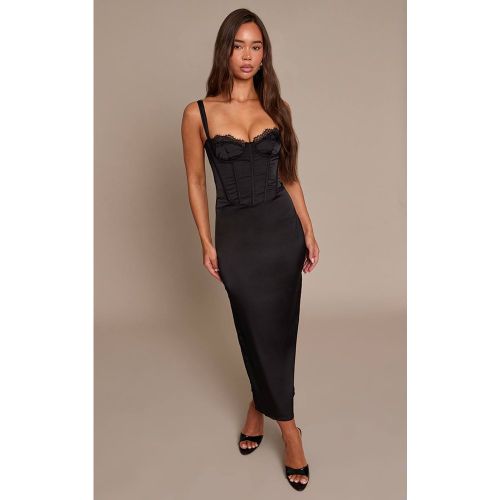 Black Robe Midi En Satin Avec Détail De Bonnets En Dentelle | Taille 32 - PrettyLittleThing - Modalova