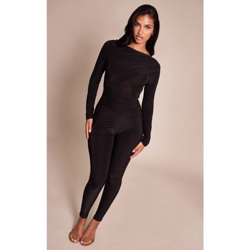 Black Combinaison Drapée Froncée À Manches Longues En Tissu Soyeux | Taille 32 - PrettyLittleThing - Modalova