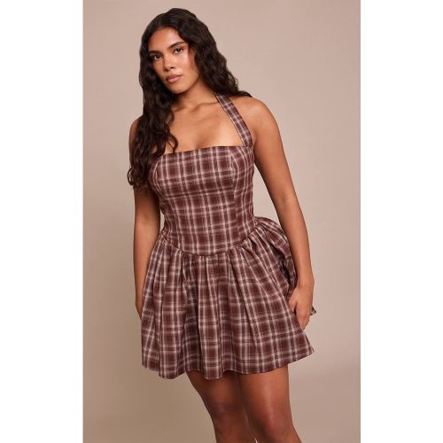 Brown Robe Mini Patineuse Bandeau À Carreaux Écossais Tissés Avec Fronces Shape | Taille 36 - PrettyLittleThing - Modalova