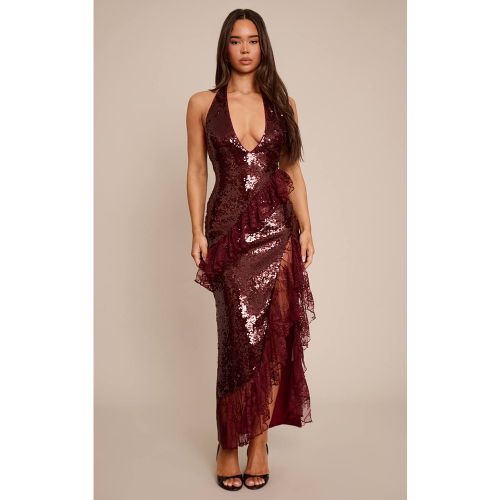 Burgundy Robe Longue À Col En V Et Volants | Taille 42 - PrettyLittleThing - Modalova